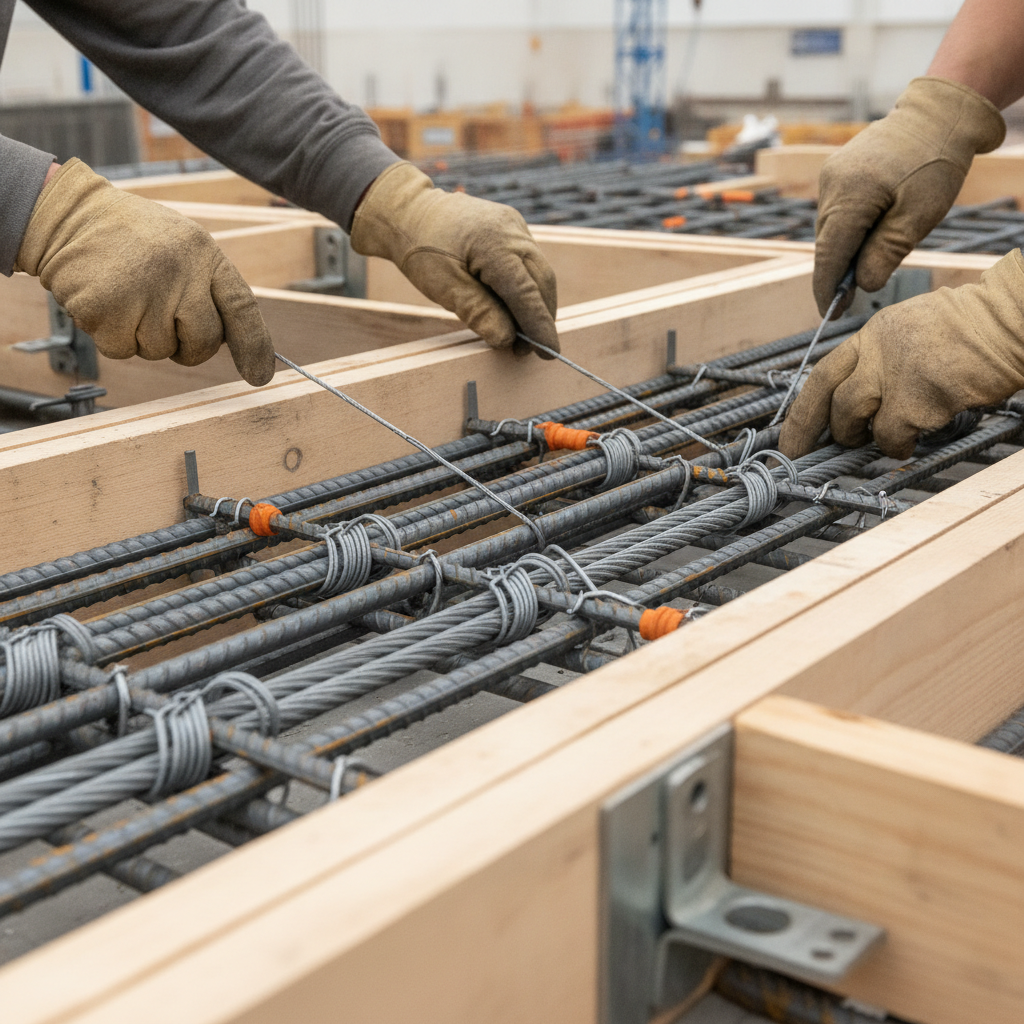 Close-up detail of rebar reinforcement for a multifamily residential slab—technical focus supporting durable multi family residential construction