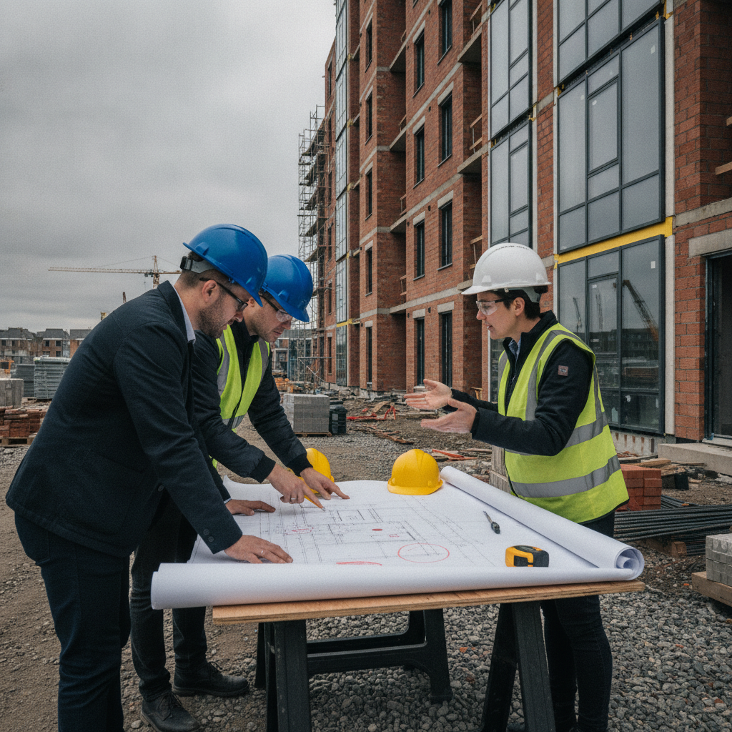 Project managers and site supervisor reviewing drawings at a multifamily jobsite—collaborative design-and-construct workflow