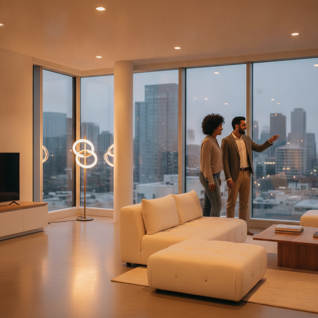 A Cambridge couple touring a bright living room with their buyer’s agent, reviewing new listings and planning next steps
