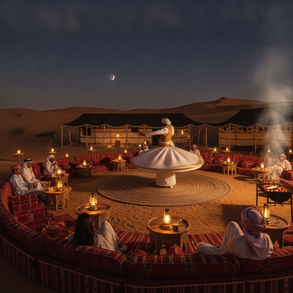 Lantern-lit desert camp scene in Dubai at night during an evening safari with guests dining and a tanoura dance