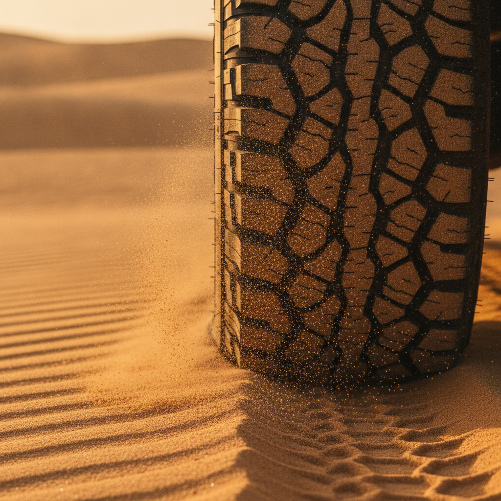 Close-up of 4x4 tire during dune bashing on an evening safari in Dubai showing sand detail and motion