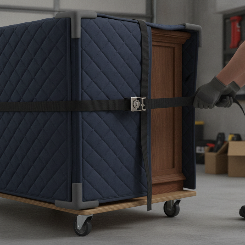 Close-up of safe furniture handling with moving straps and pads by local movers vs DIY moving context