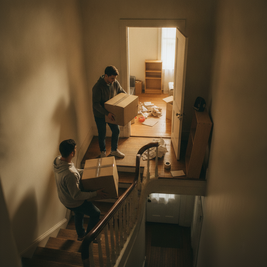 DIY moving scene with friends carrying boxes up stairs, illustrating local movers vs DIY moving choices
