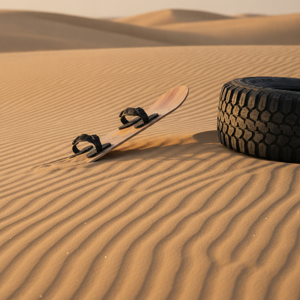 Close-up sandboard and 4x4 tire on Dubai desert safari dunes at sunset