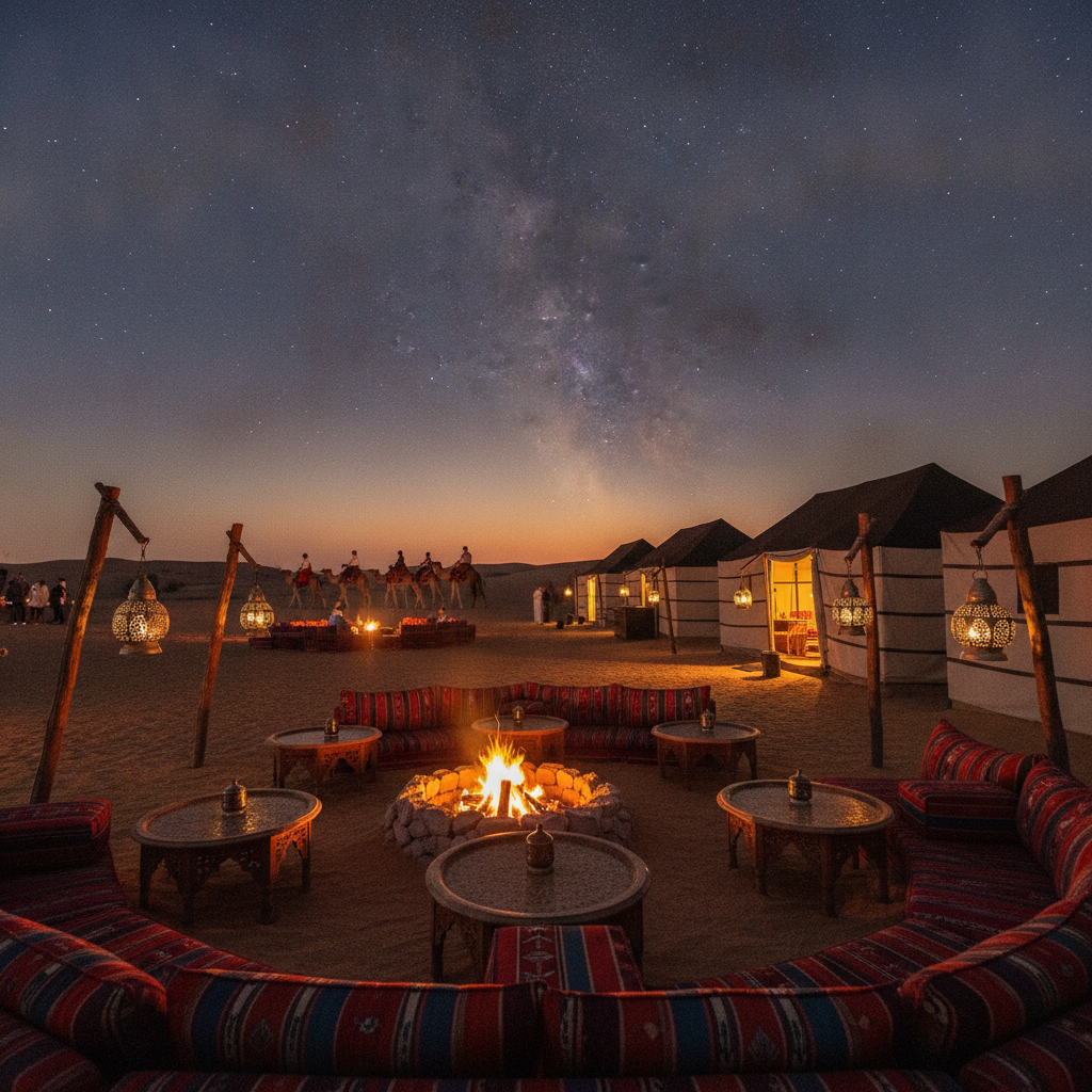Traditional Dubai desert camp at dusk with lanterns, low tables, and silhouettes of camels