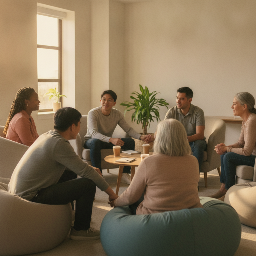 Supportive small group therapy session in an outpatient addiction program in Ontario, showing people connecting and listening