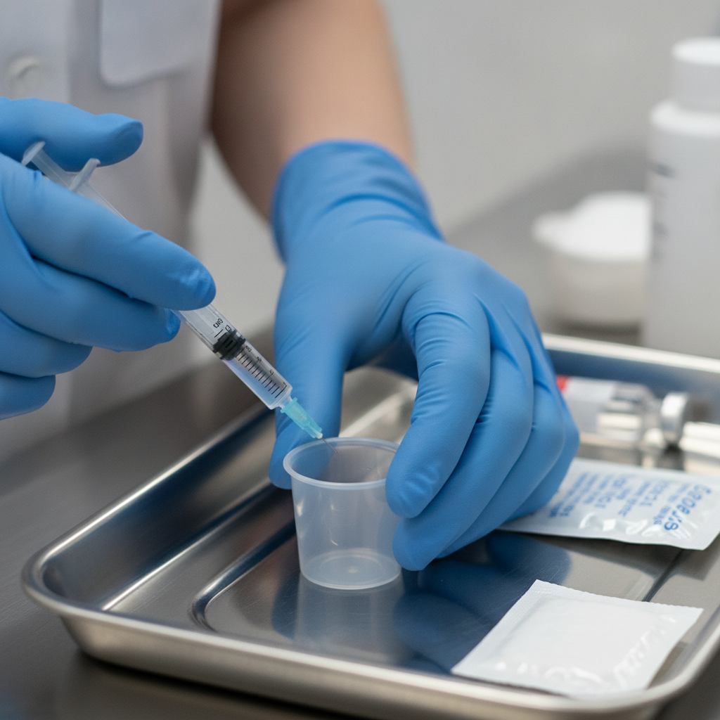 Close-up of nurse preparing a medication dose cup for outpatient addiction care in Ontario, illustrating medication-assisted treatment