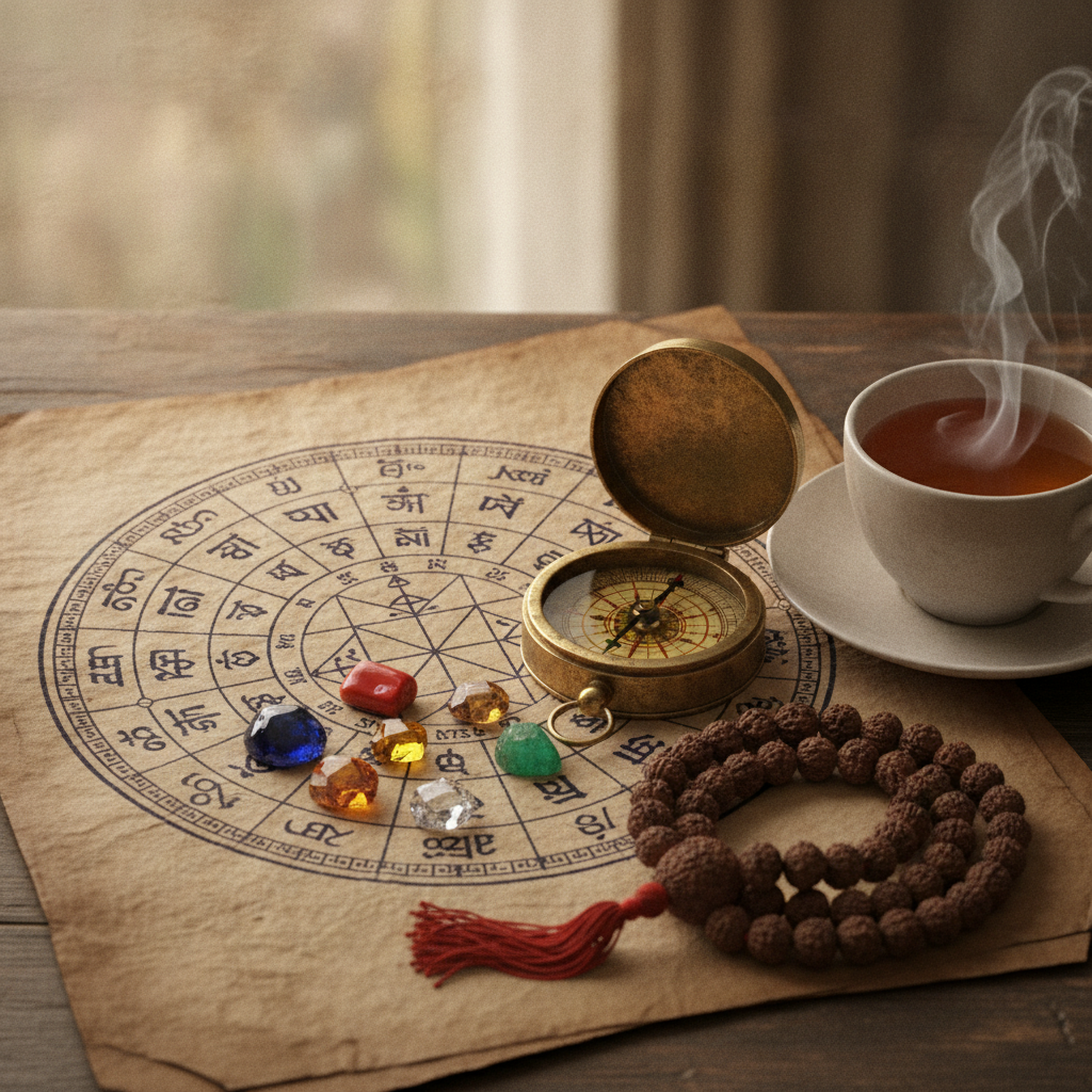 Close-up of a Vedic birth chart with compass, gemstones, and rudraksha used in family astrology remedies