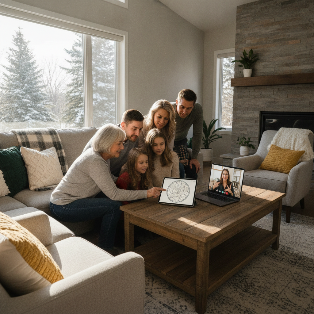 Multigenerational family video-calling an astrologer in a Brampton home, reviewing a shared birth chart on a tablet