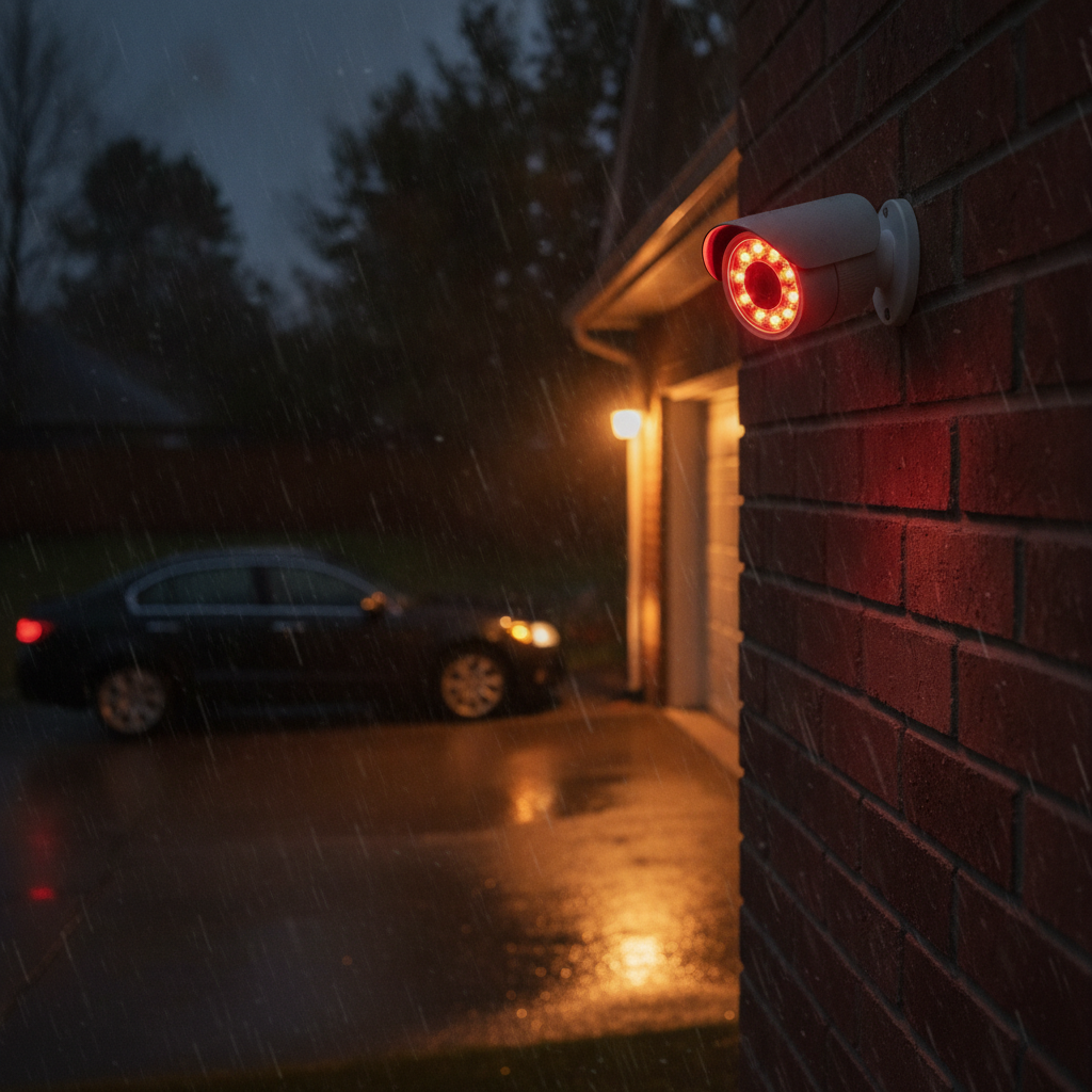 Outdoor camera in the rain illustrating resilient home security networking and power