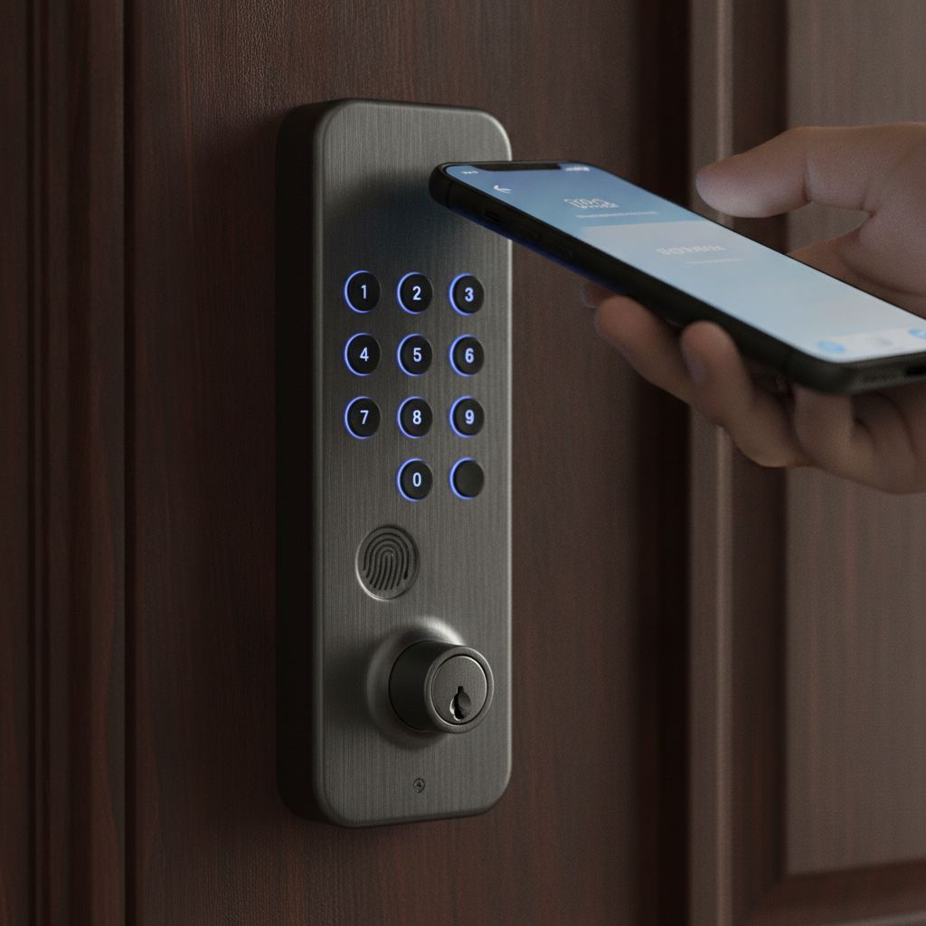 Close-up of a smart lock used in modern home security solutions with a smartphone nearby