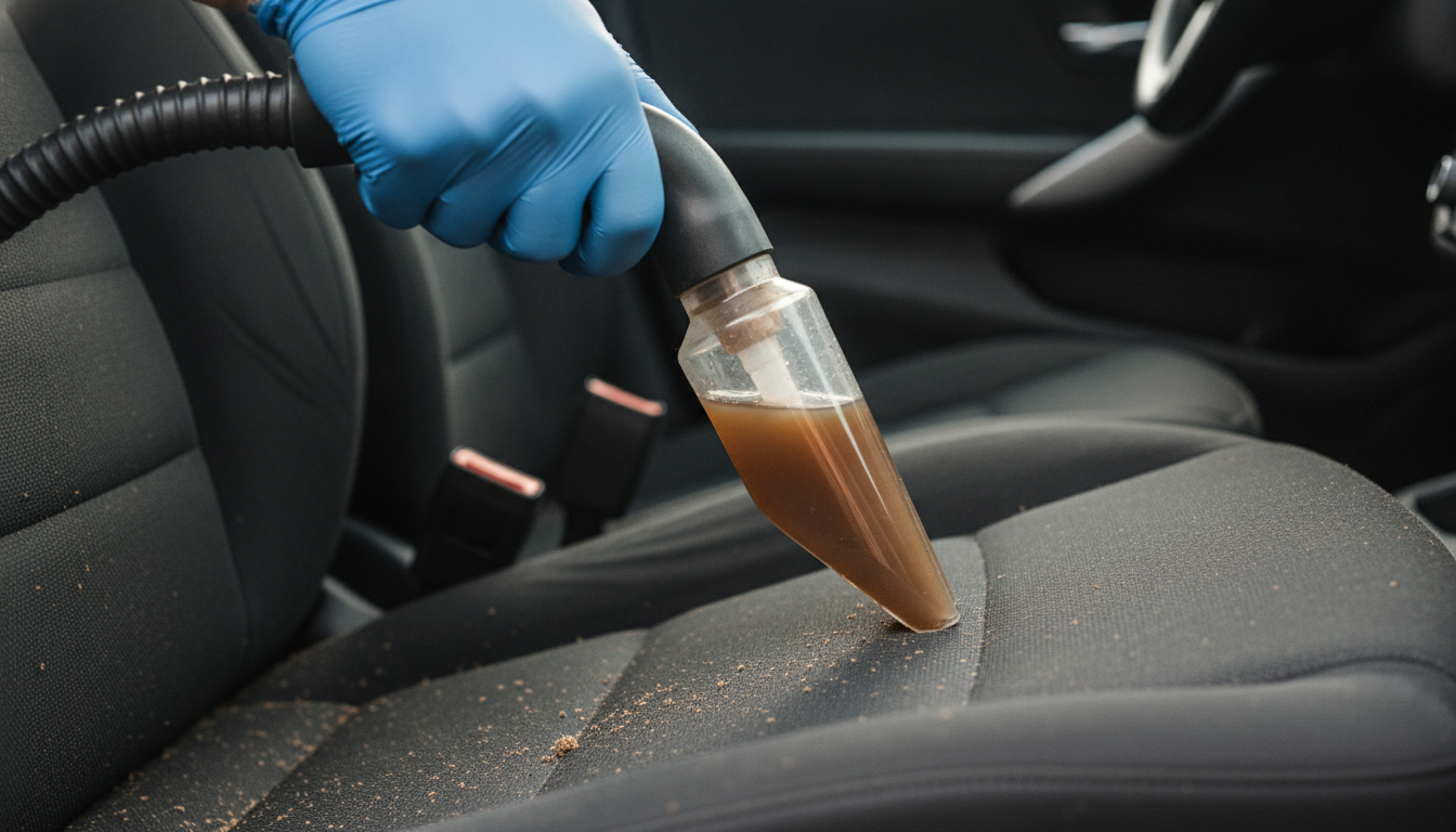 Close-up extractor pulling dirt from a fabric car seat during interior car cleaning deep clean