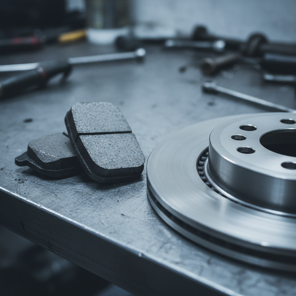 Close-up of worn brake pads next to a ventilated brake rotor showing friction material thickness and rotor surface condition