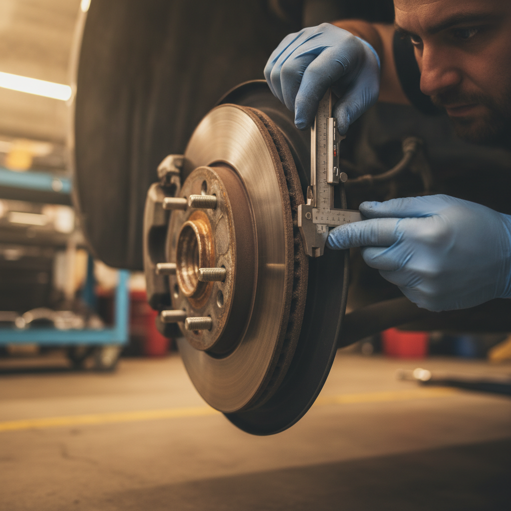 Technician measuring brake rotor thickness with a micrometer on the hub to decide between pad or rotor replacement