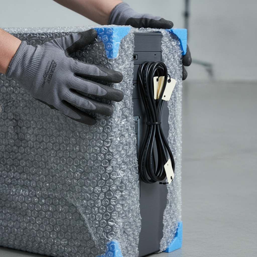 Close-up of professional packing for office IT equipment using anti-static wrap and labeled cables as part of an office relocation checklist