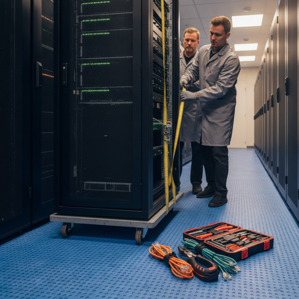 Server racks secured on a padded cart with ESD precautions and color-coded cables during an office relocation