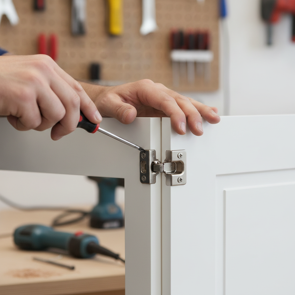 Close-up of precise cabinet hinge installation during a kitchen remodel by a contractor for home renovation