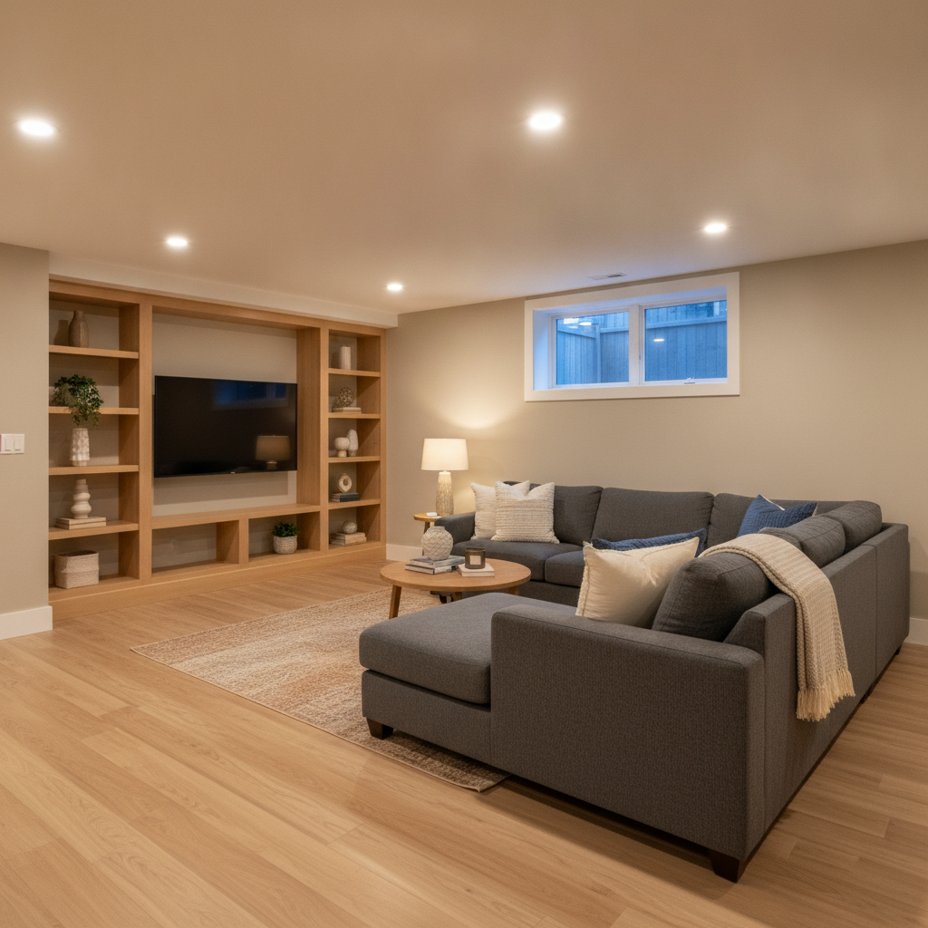 Finished basement family room with warm lighting and oak-look flooring by a home renovation contractor in Edmonton
