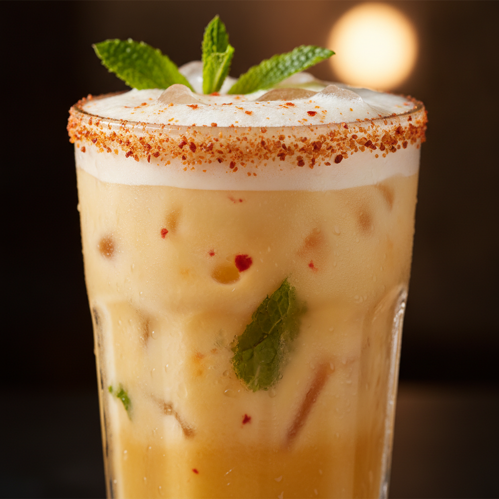 Close-up of a mango-chili lassi spritz mocktail pairing with tandoori and biryani at an Indian fusion restaurant