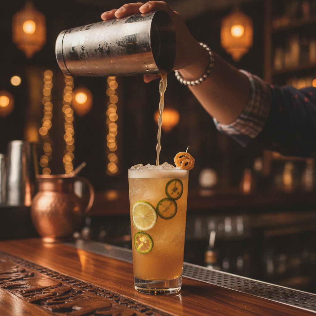 Bartender pouring a tamarind-ginger fizz mocktail at an Indian bar, ideal with Indo-Chinese and sizzlers