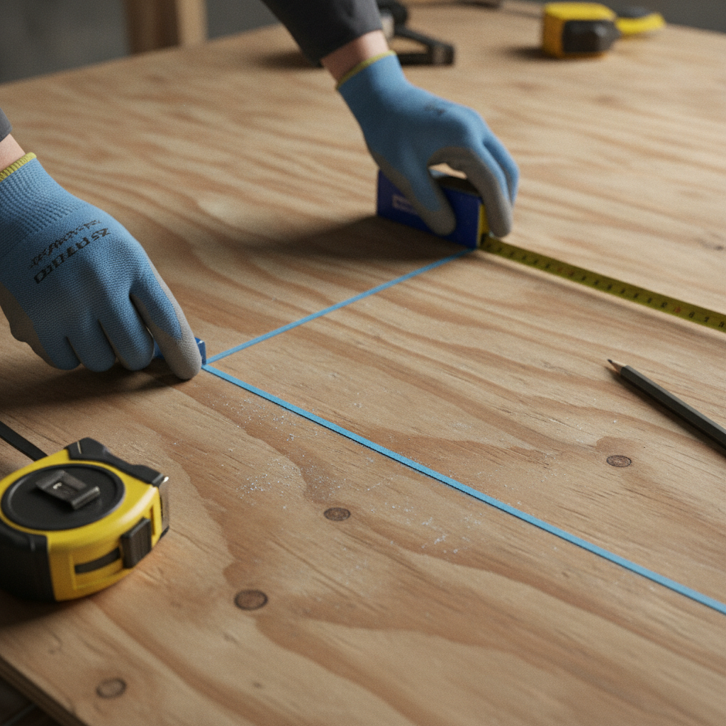 Detail shot of site setup: chalk line on subfloor, measuring tape and pencil used in home building project management for layout accuracy