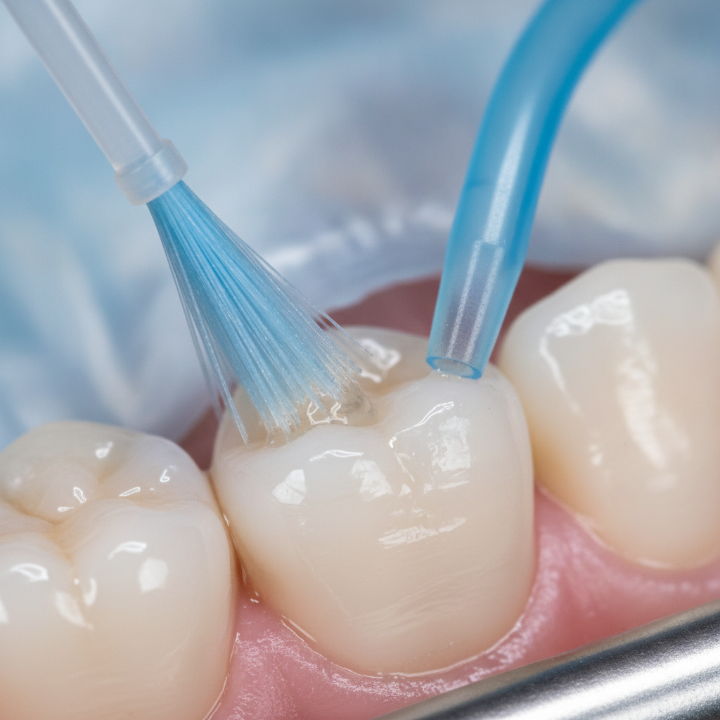 Close-up of silver diamine fluoride dental application with microbrush on molar in a clinical setting