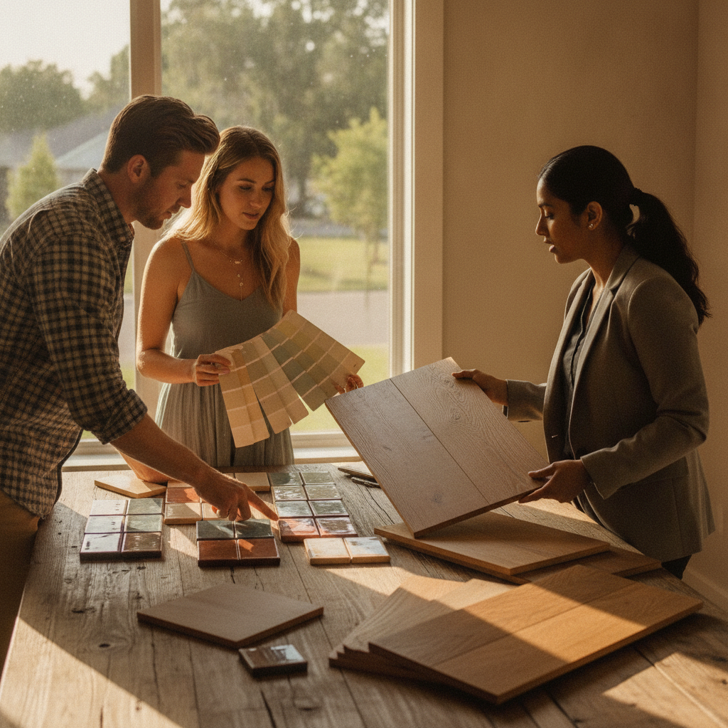 Homeowners and a project manager reviewing interior selections and finish samples as part of a structured home building project management process
