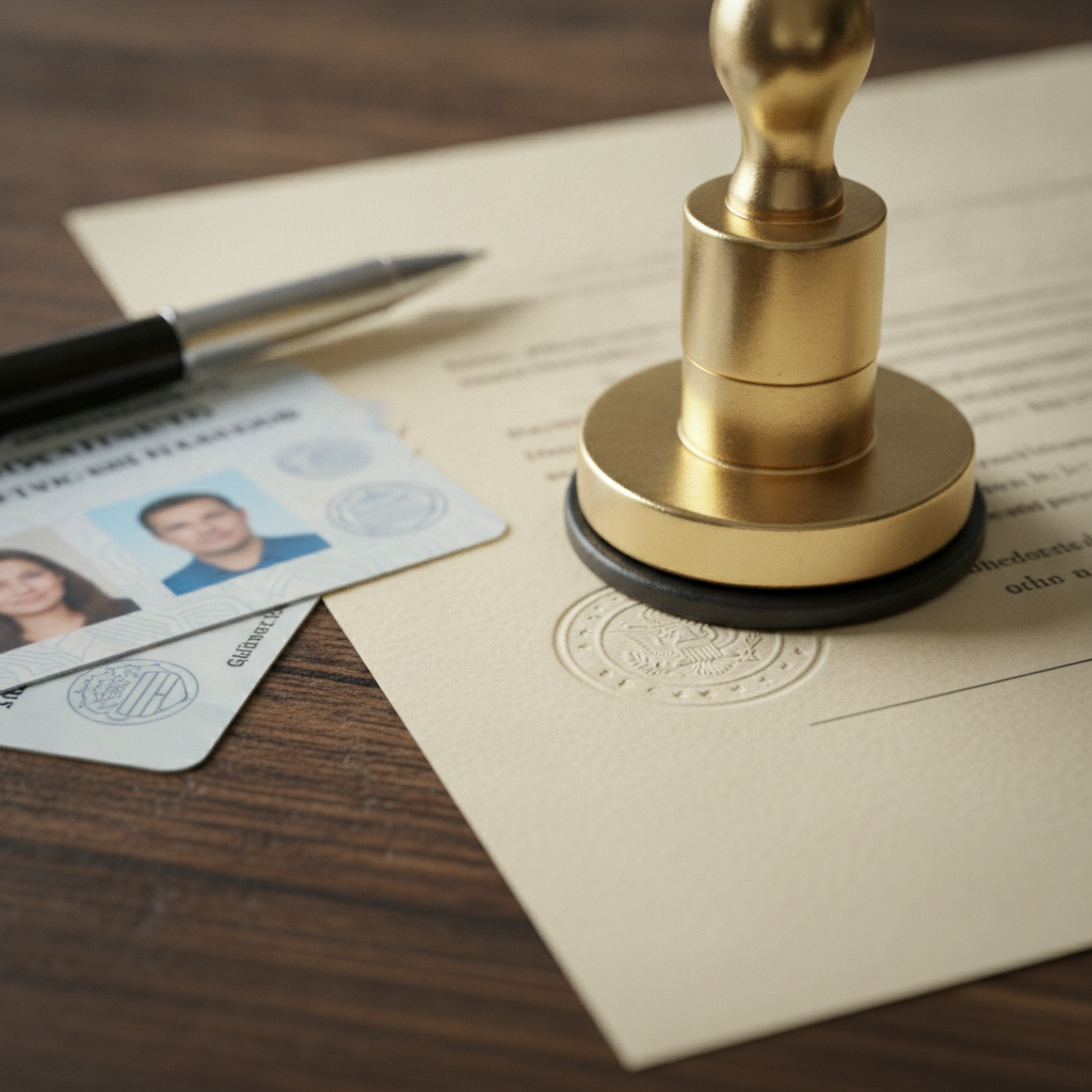 Close-up of a notary stamp pressing an embossed seal on a document in Etobicoke, Toronto, showing proper ID and signing steps