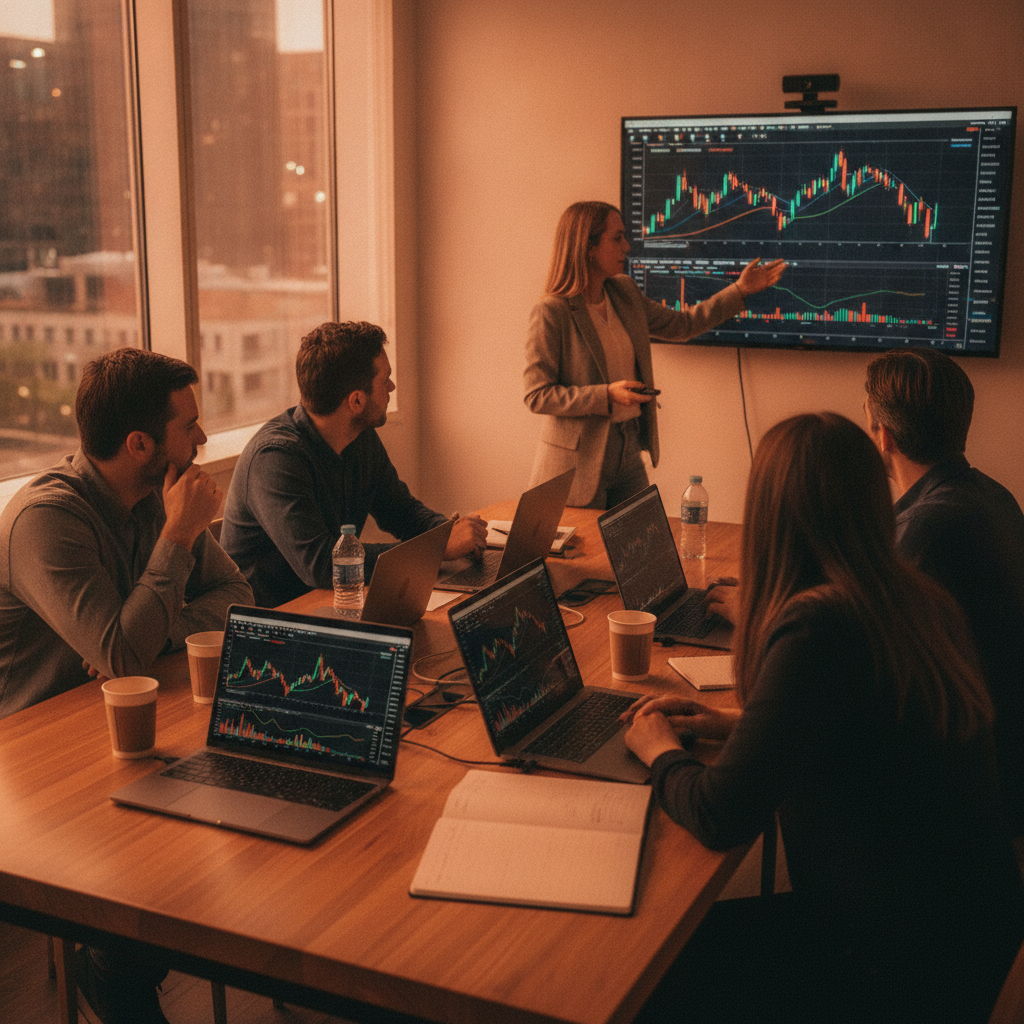 Collaborative workshop scene illustrating trading courses for beginners with laptops and charts