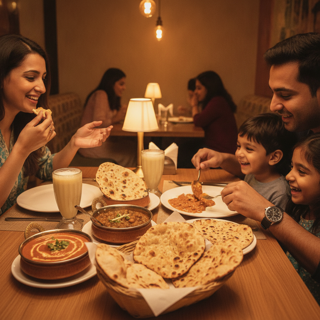 Family sharing North Indian dishes in Brampton: chole, butter-style curry, Amritsari kulcha, and tandoori roti at a Punjabi curry restaurant