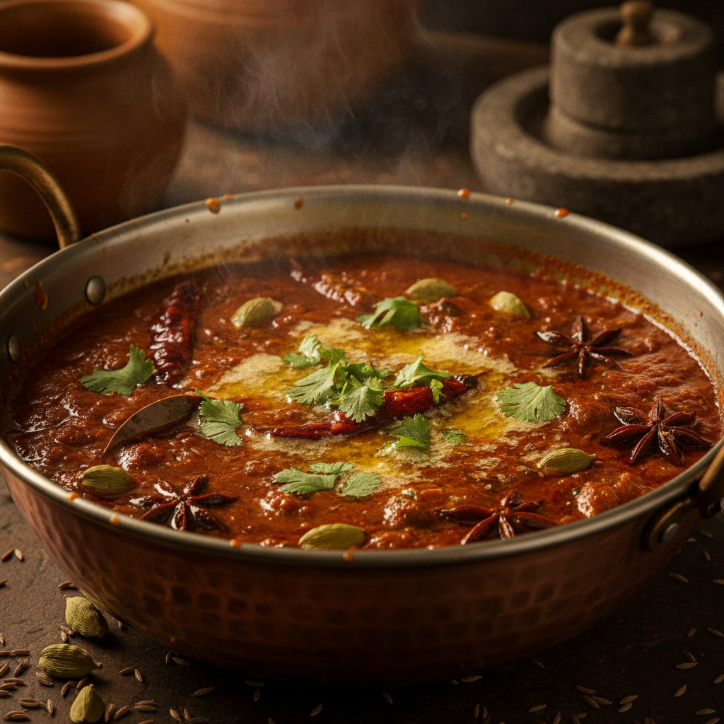 Close-up of Punjabi curry in kadai with whole spices and ghee sheen at an Indian curry restaurant in Brampton