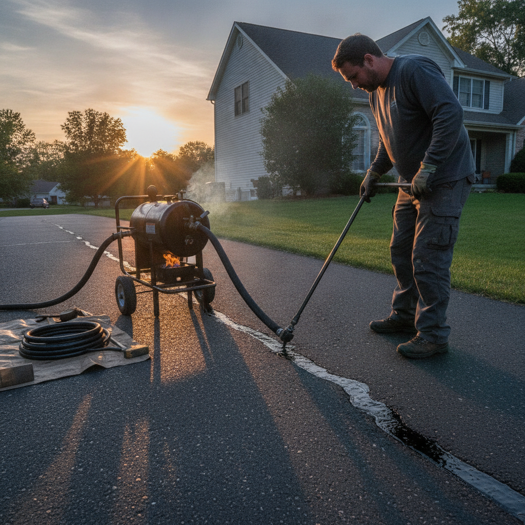 Crack sealing before driveway resealing with hot rubberized filler