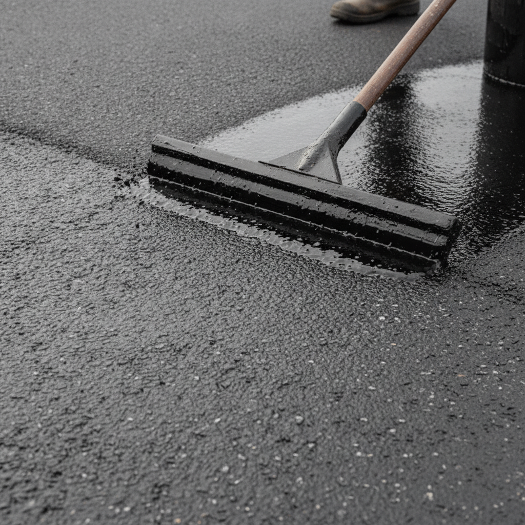 Close-up of squeegee applying asphalt sealer during driveway resealing process