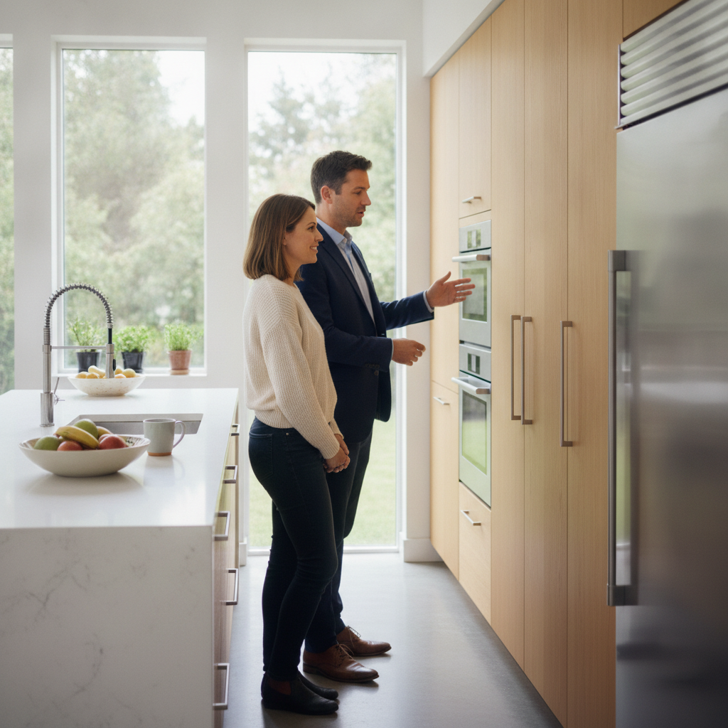 Real estate agent guiding a homeowner through a North York kitchen during a valuation walkthrough to verify condition and upgrades