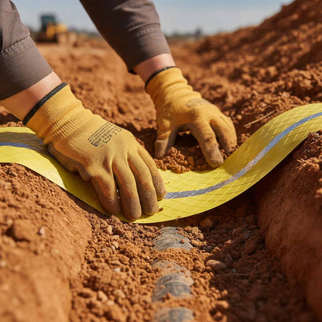 Close-up of detectable warning tape being installed in a trench above a buried pipeline as part of underground pipe markers