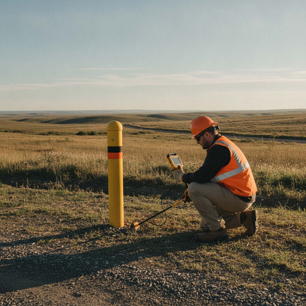 Field technician using a utility locator near a pipeline marker post, illustrating underground pipe markers verification in the USA