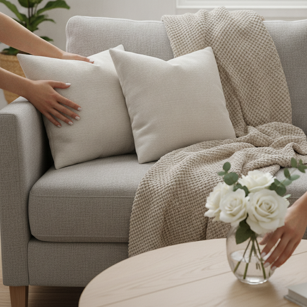 Close-up home staging detail with neutral throw pillows, soft knit throw, and fresh flowers enhancing living room appeal for Brampton sellers