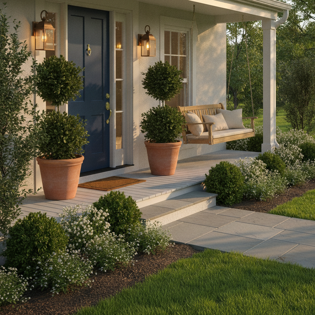 Golden hour curb appeal on a staged Brampton home: clean walkway, potted evergreens, warm porch lights, and tidy landscaping