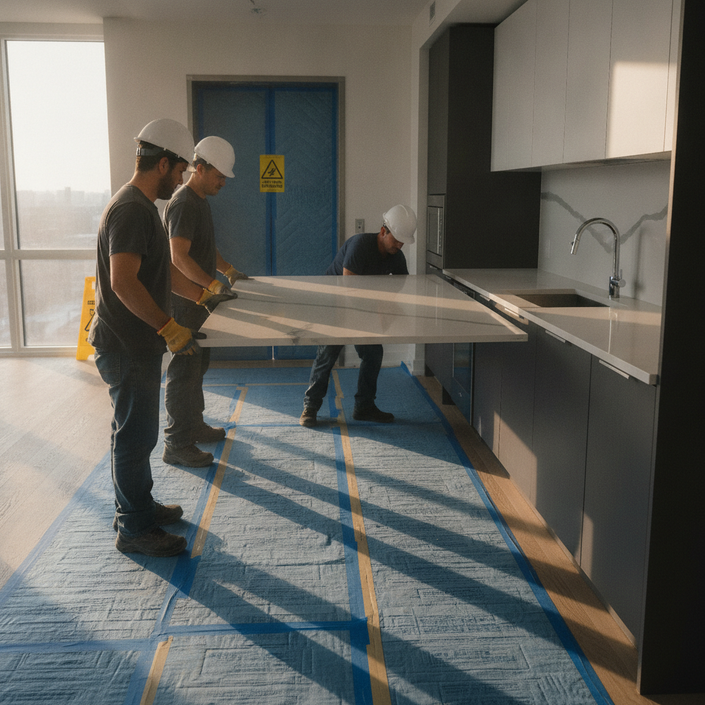 Condo Kitchen Remodel: Save Space & Stress in 2026 2 Quartz countertop installation during a condo kitchen remodel with protected floors and elevator padding