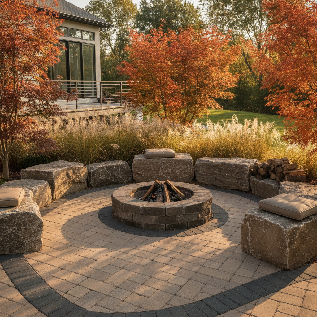 Backyard terrace in Mississauga with armour stone seating boulders, interlocking paver patio, and ornamental grasses around a fire feature