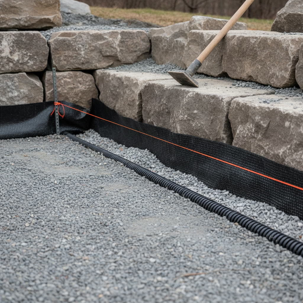 Close-up of armour stone retaining wall base, showing geotextile, drain pipe, and compacted clear stone layers for Mississauga armour stone landscaping