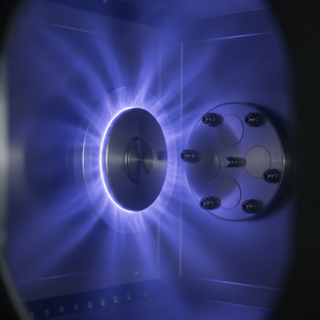 Close-up of magnetron sputtering target with plasma glow inside a PVD chamber, illustrating physical vapor deposition system detail for industrial coatings