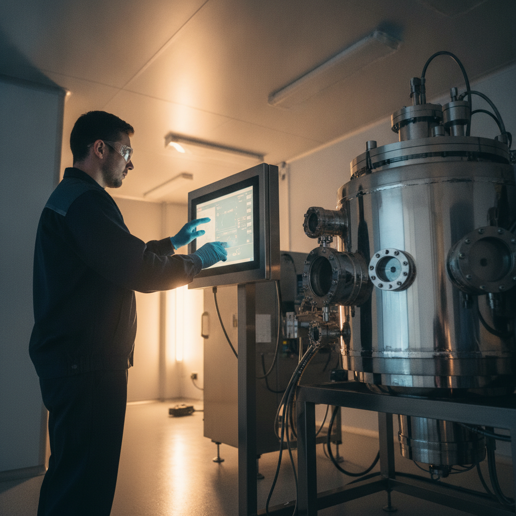 Engineer using a touchscreen HMI to operate a PVD coating machine in a clean workshop, highlighting system controls and process discipline
