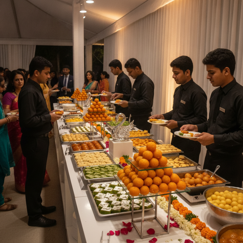 Catering station in Brampton with motichoor ladoo pyramids on tiered platters among assorted premium mithai, warm evening buffet ambiance