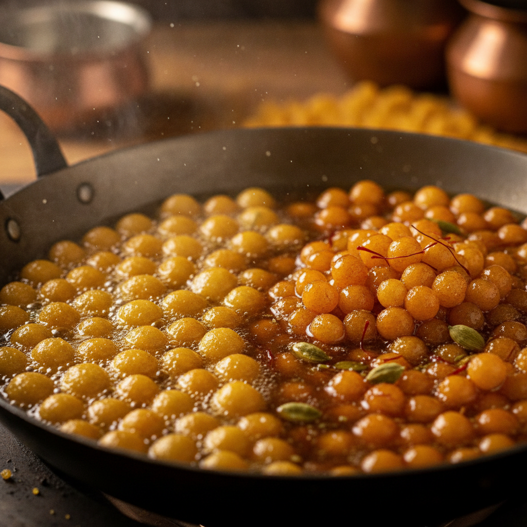 Close-up of motichoor boondi frying in ghee and soaking in saffron-cardamom syrup, showing tiny pearls and glossy texture for premium mithai