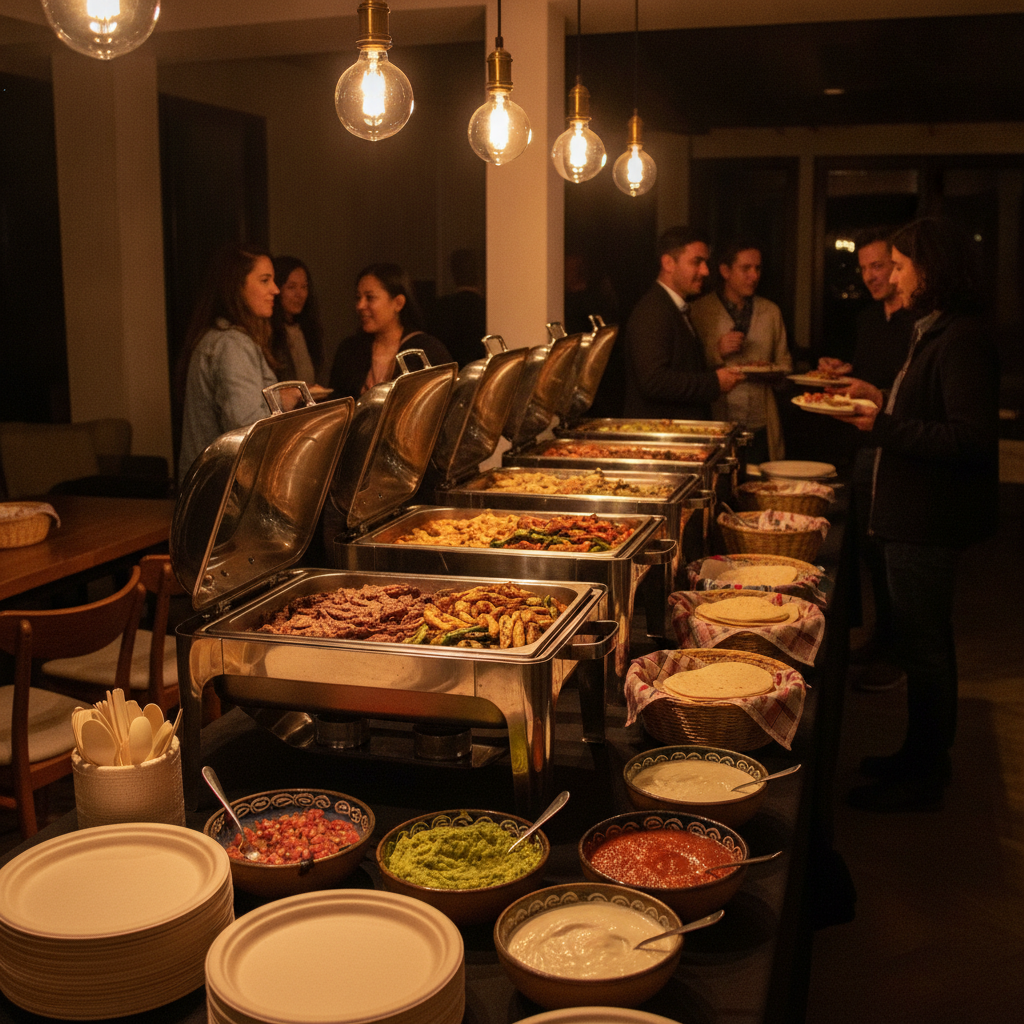 Self-serve Mexican buffet setup with chafing dishes and salsa bar for an Old Toronto dinner party