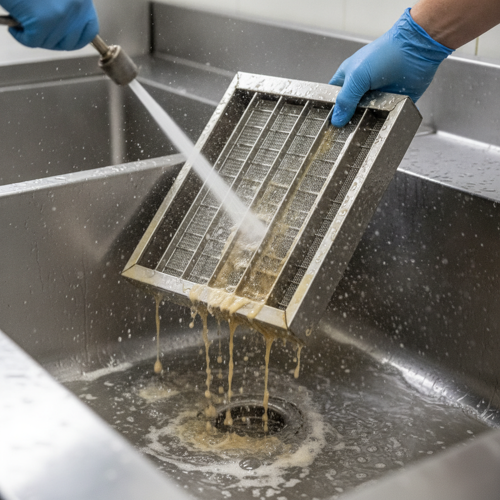 Detail of baffle filter degreasing for restaurant kitchen air quality improvement