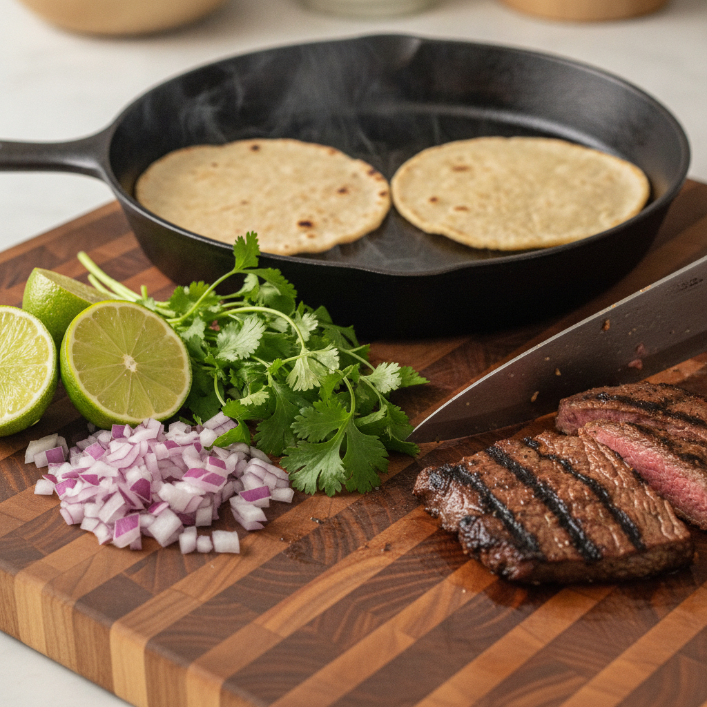 Close-up taco prep with charred tortillas, fresh cilantro, diced onions, and lime for a Mexican dinner party in Old Toronto