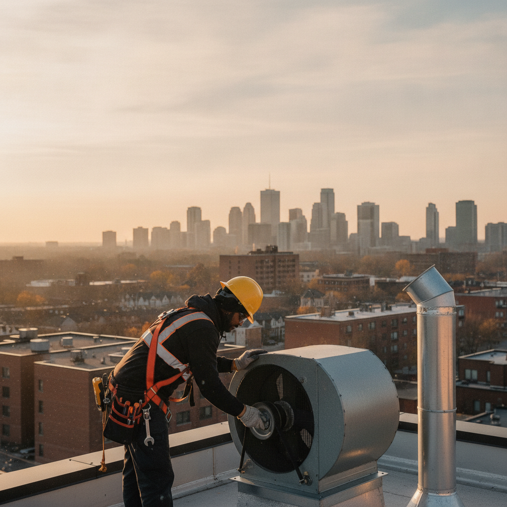 Rooftop exhaust fan inspection and belt check supporting restaurant kitchen air quality improvement