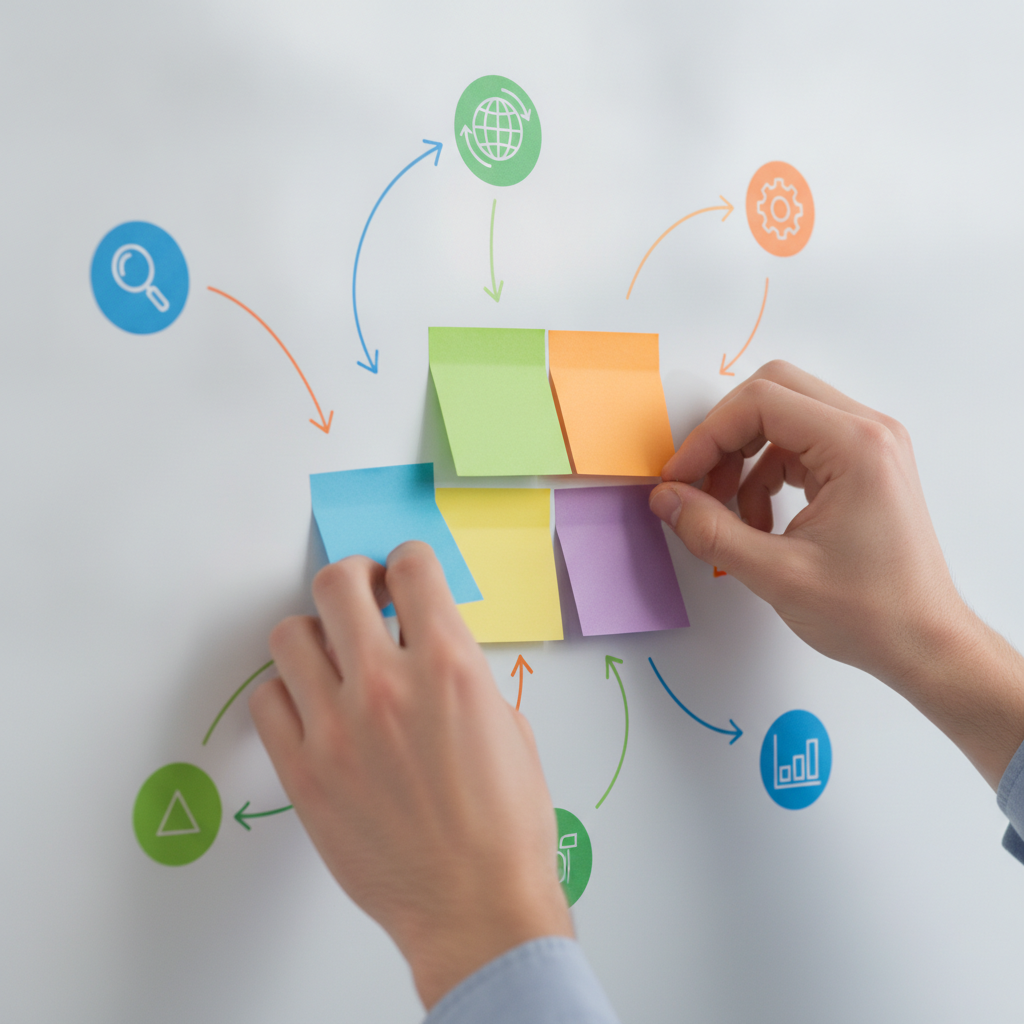 Close-up of organizing SEO topic clusters and internal links to improve Google search ranking